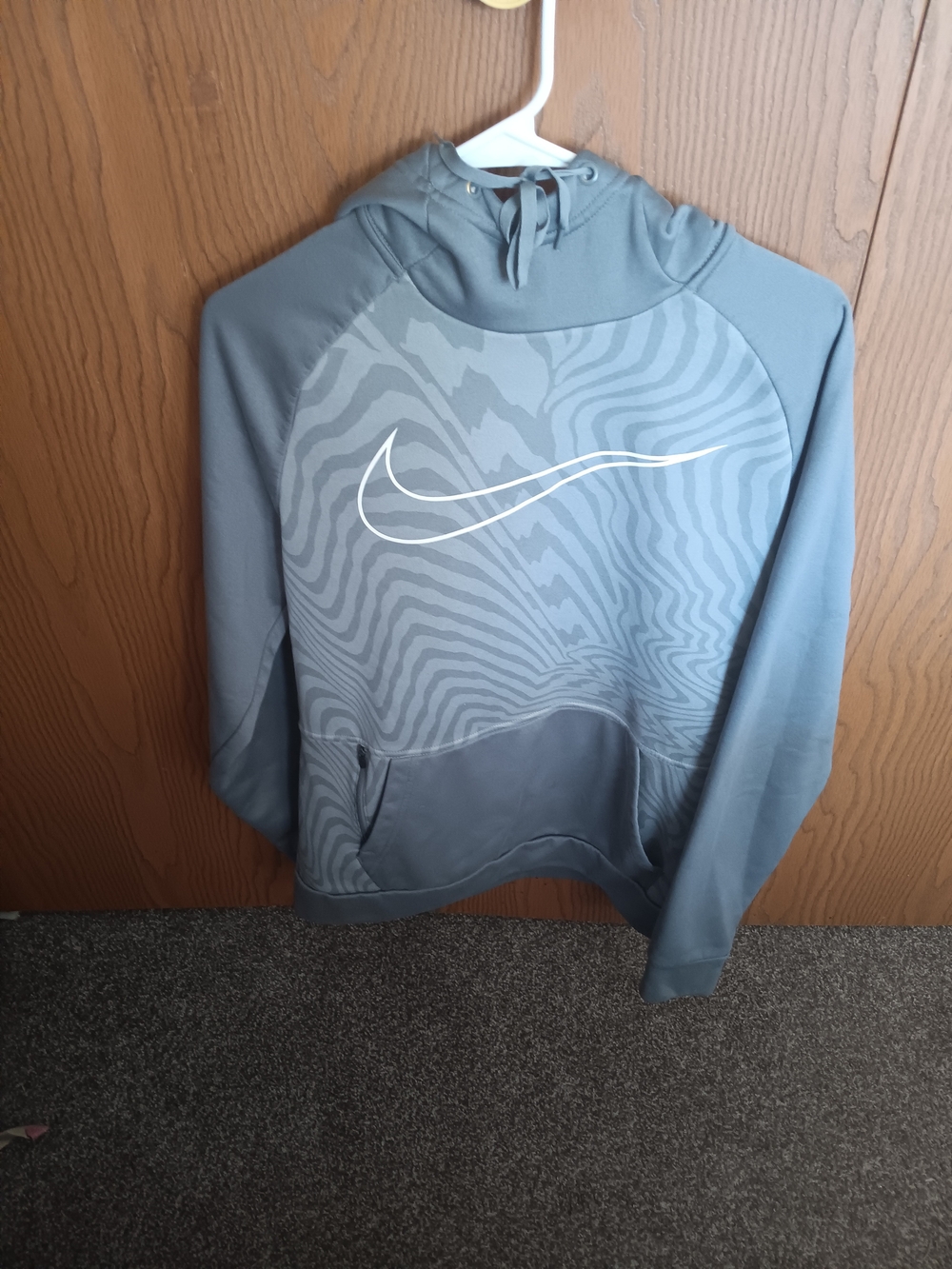 Nike Men's Blue-Grey Crewneck Hoodie with Zebra Print Swoosh